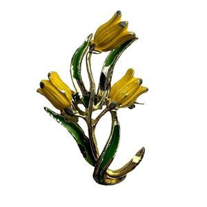 Signed Jerrys Enamel Yellow Flower Brooch Pin Tulip Garden Gold Tone